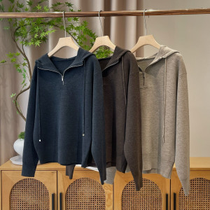 메리노울 하프집업 후드 니트